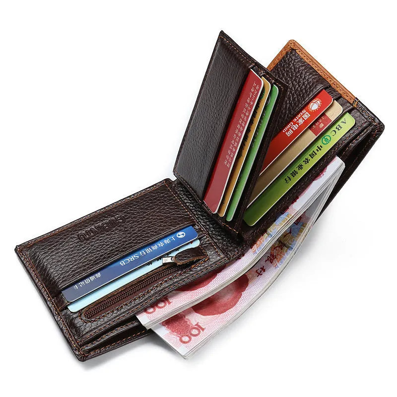 Soft brown cowhide men's wallet with contrast stitching, shown open to reveal card slots, zip compartment, and bill holder.