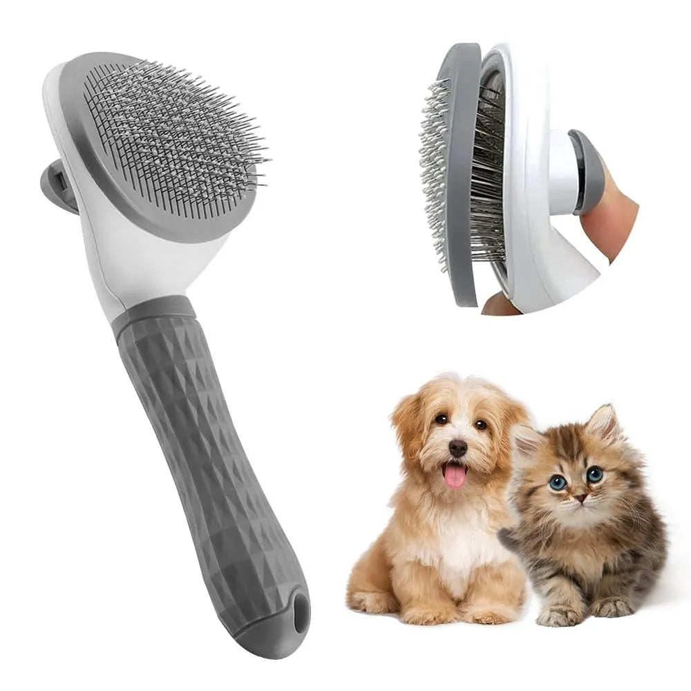 Blue cat grooming brush with a release button on the handle and fine wire bristles.