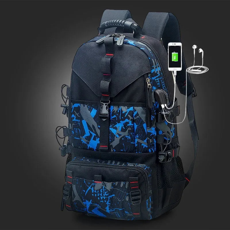 Men's black waterproof Oxford cloth hiking backpack showing front compartments and adjustable air pillow belt straps.