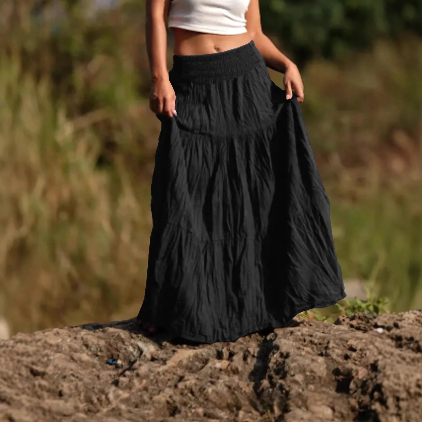 Women's mid-length waist smocking retro viscose patchwork skirt with folding detail