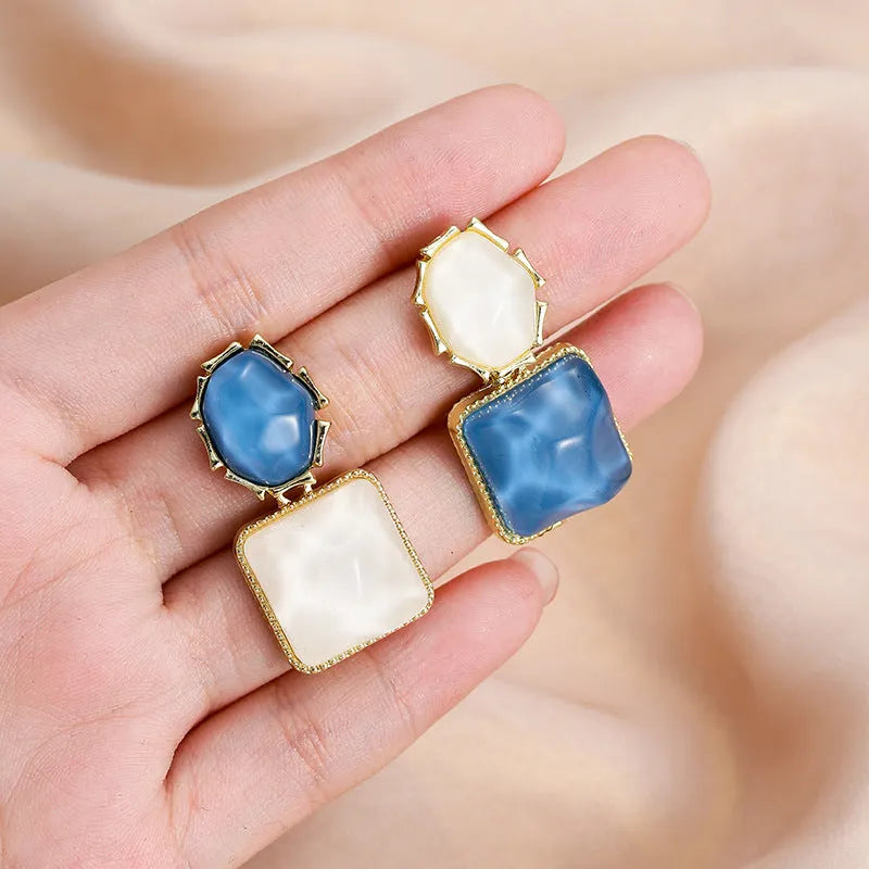 Contrast colour water ripple geometric square earrings in electroplated alloy, Korean style for women