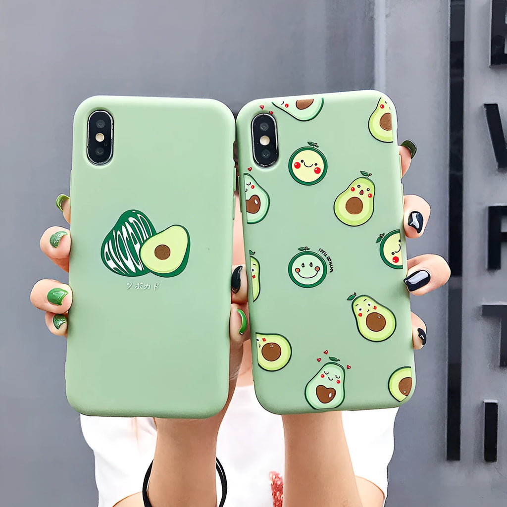 Cartoon avocado design TPU phone case for iPhone and Android models in green colours.