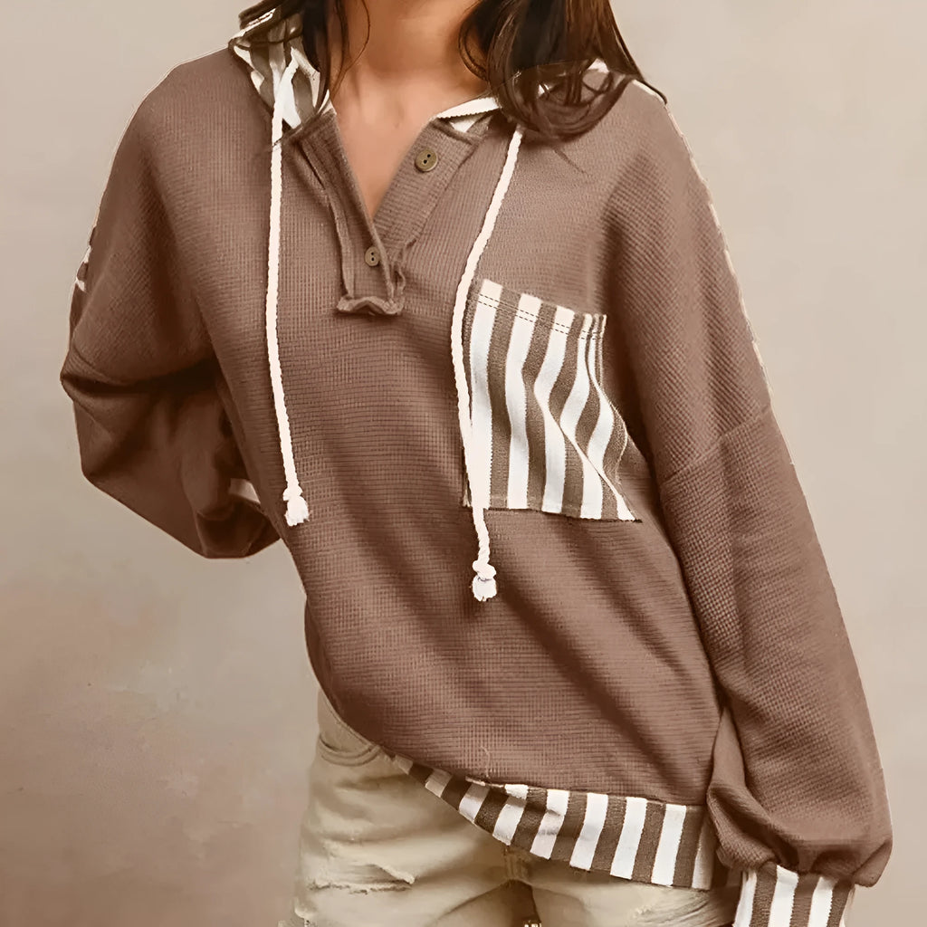 Straw yellow striped patchwork hoodie with waffle texture, button neck, and drawstring waist.