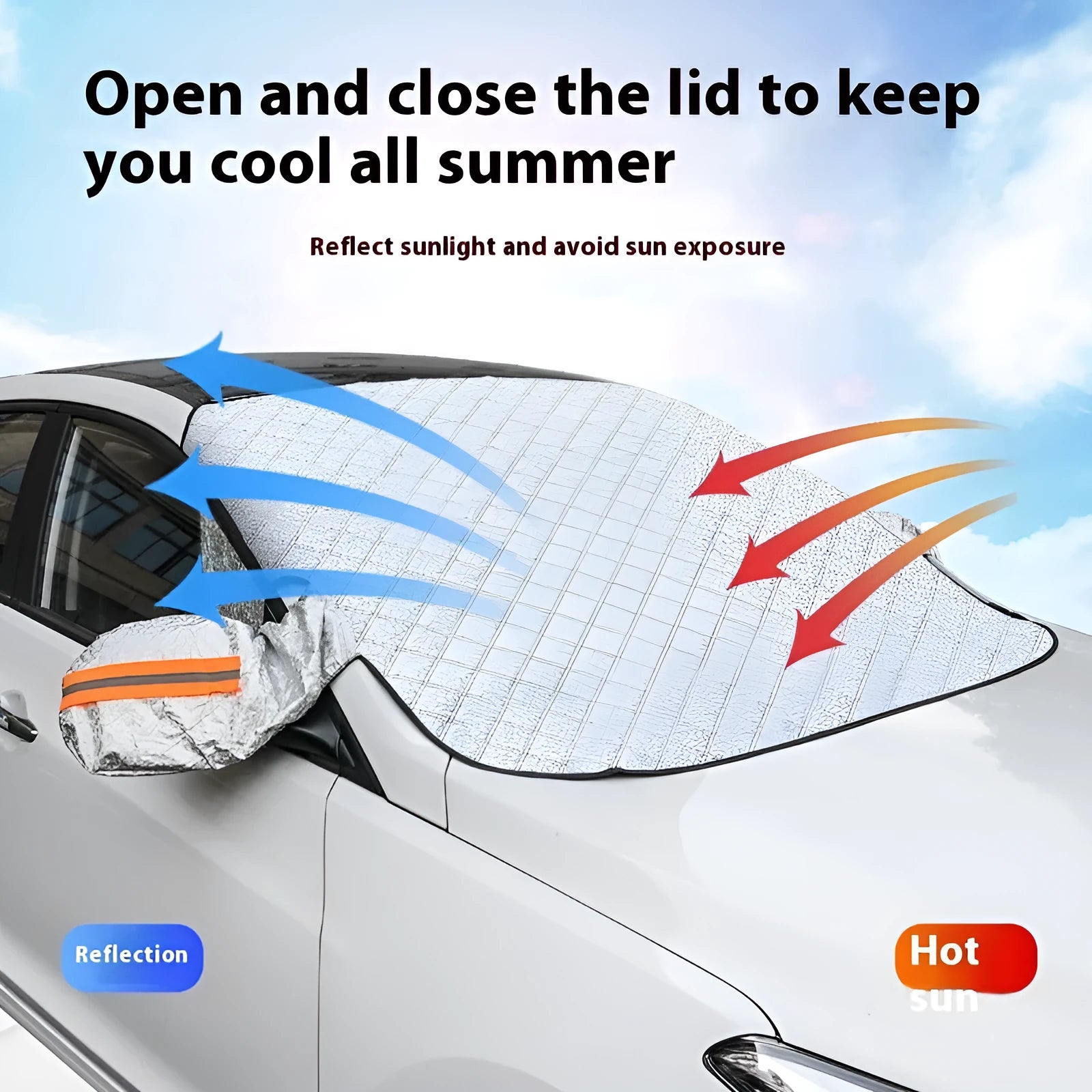 Aluminium foil winter car cover for SUV front windshield with reflective stripes and five magnets