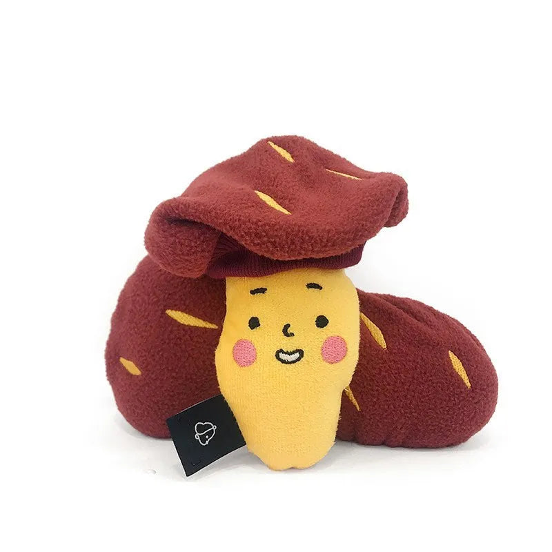 Red sweet potato pet puzzle toy with removable inner piece and hidden treat pocket for dogs and cats