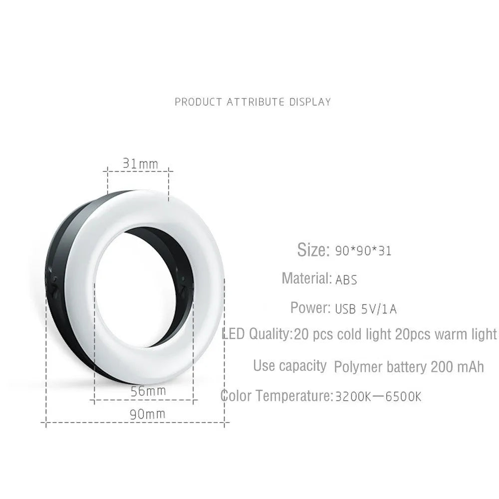 Compact black LED ring light for mobile phone photography with USB cable.