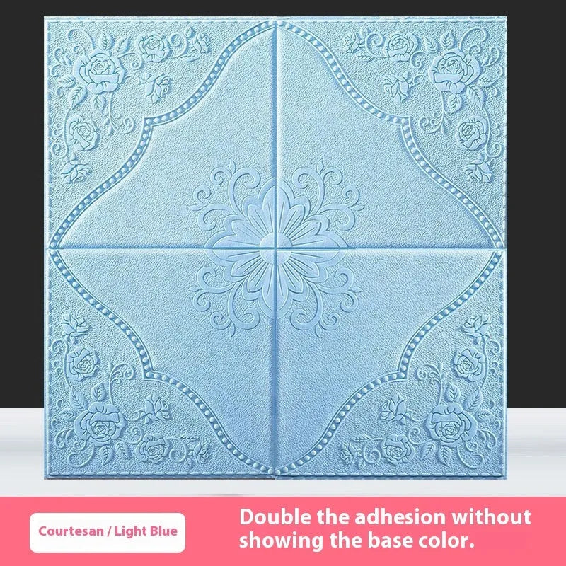 Light blue XPE foam wall sticker with plants and flowers pattern measuring 70cm square