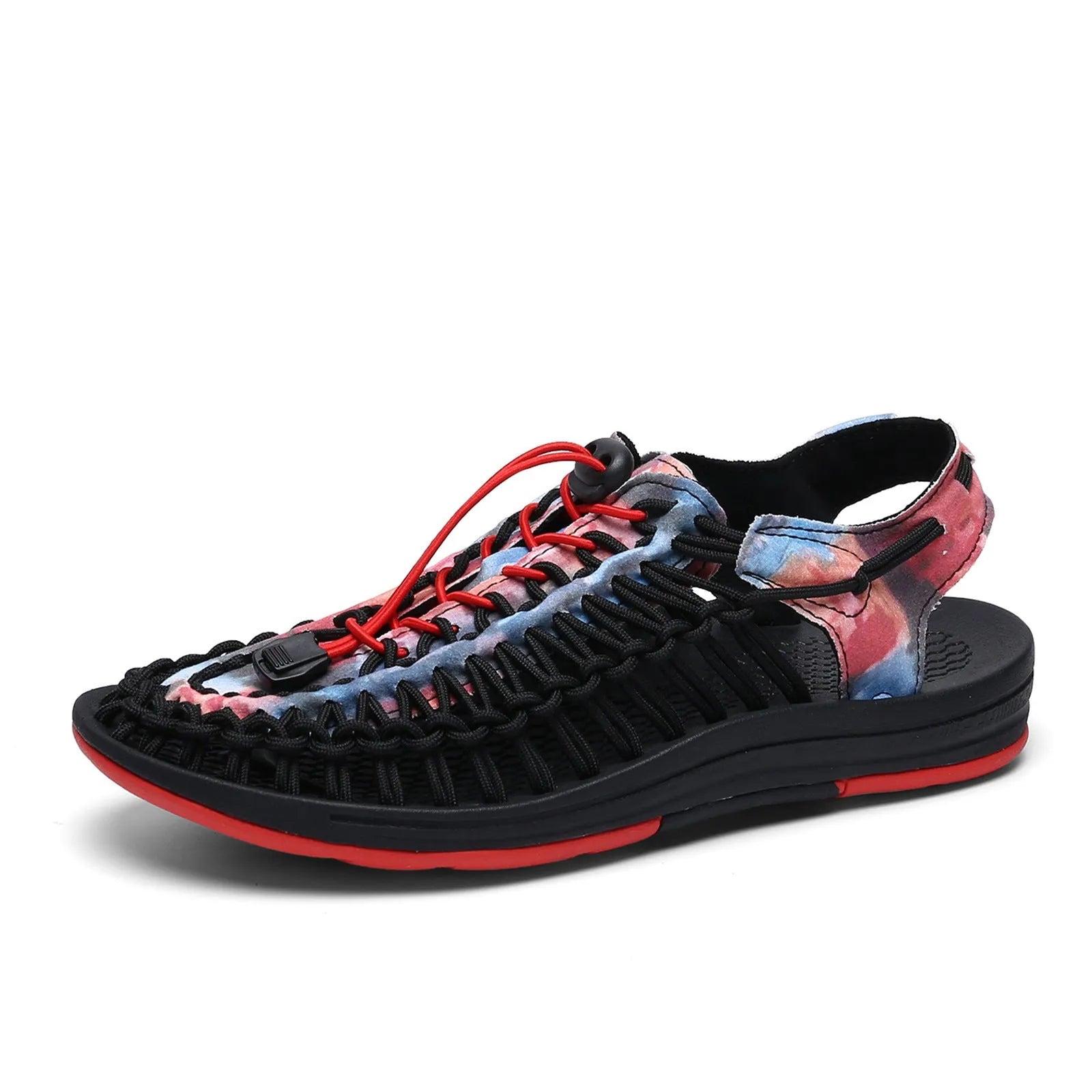 Woven sandals with an elastic drawstring tie closure in a rainbow colour option