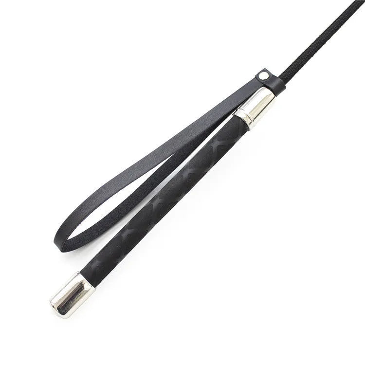 Black PU leather straight riding whip with non-slip handle and wrist strap, 70cm length option
