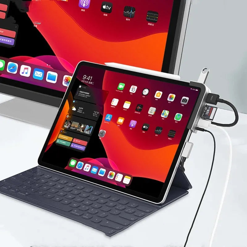 Silver aluminium grey USB-C 6-in-1 docking station for iPad Pro with HDMI port and memory card readers