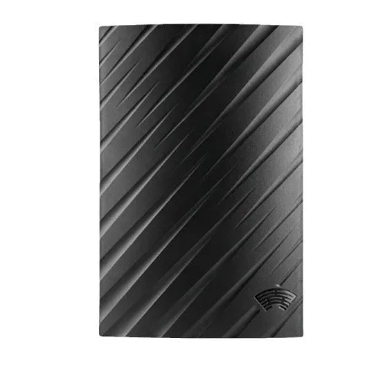 Black plastic indoor digital television antenna with mounting accessories on a white background.