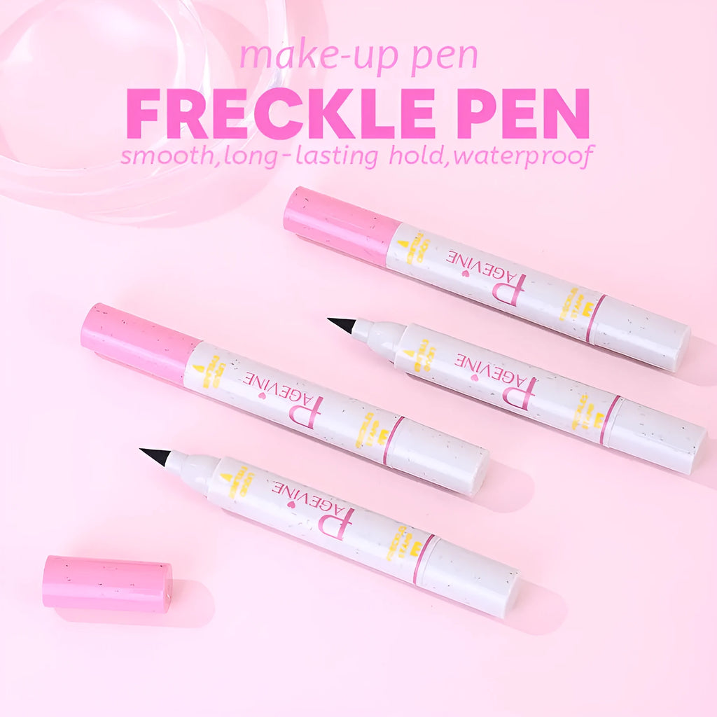 Women's double-headed brown liquid eyeliner pen with fleck removal tip and eyebrow pencil included on white background