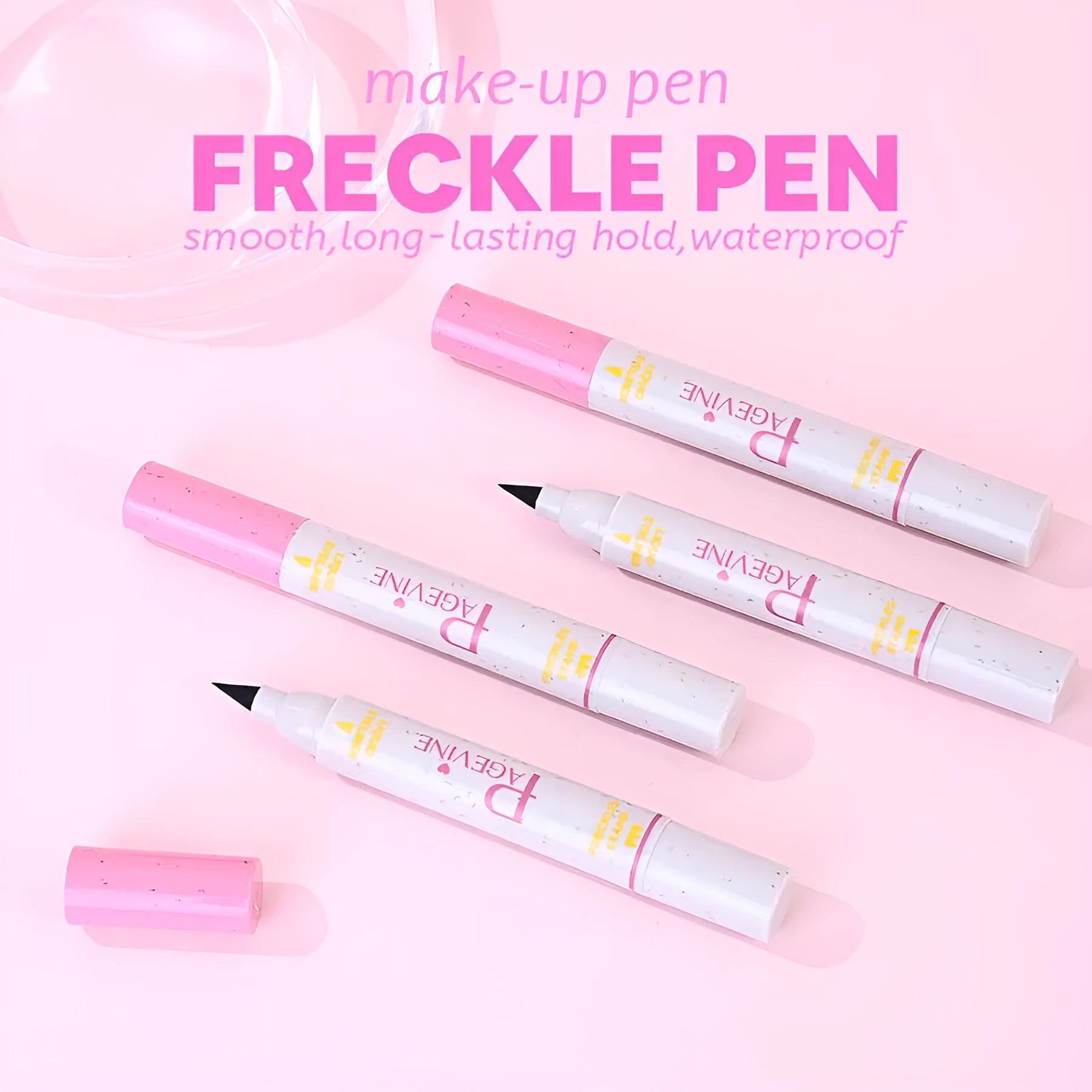 Women's double-headed brown liquid eyeliner pen with fleck removal tip and eyebrow pencil included on white background