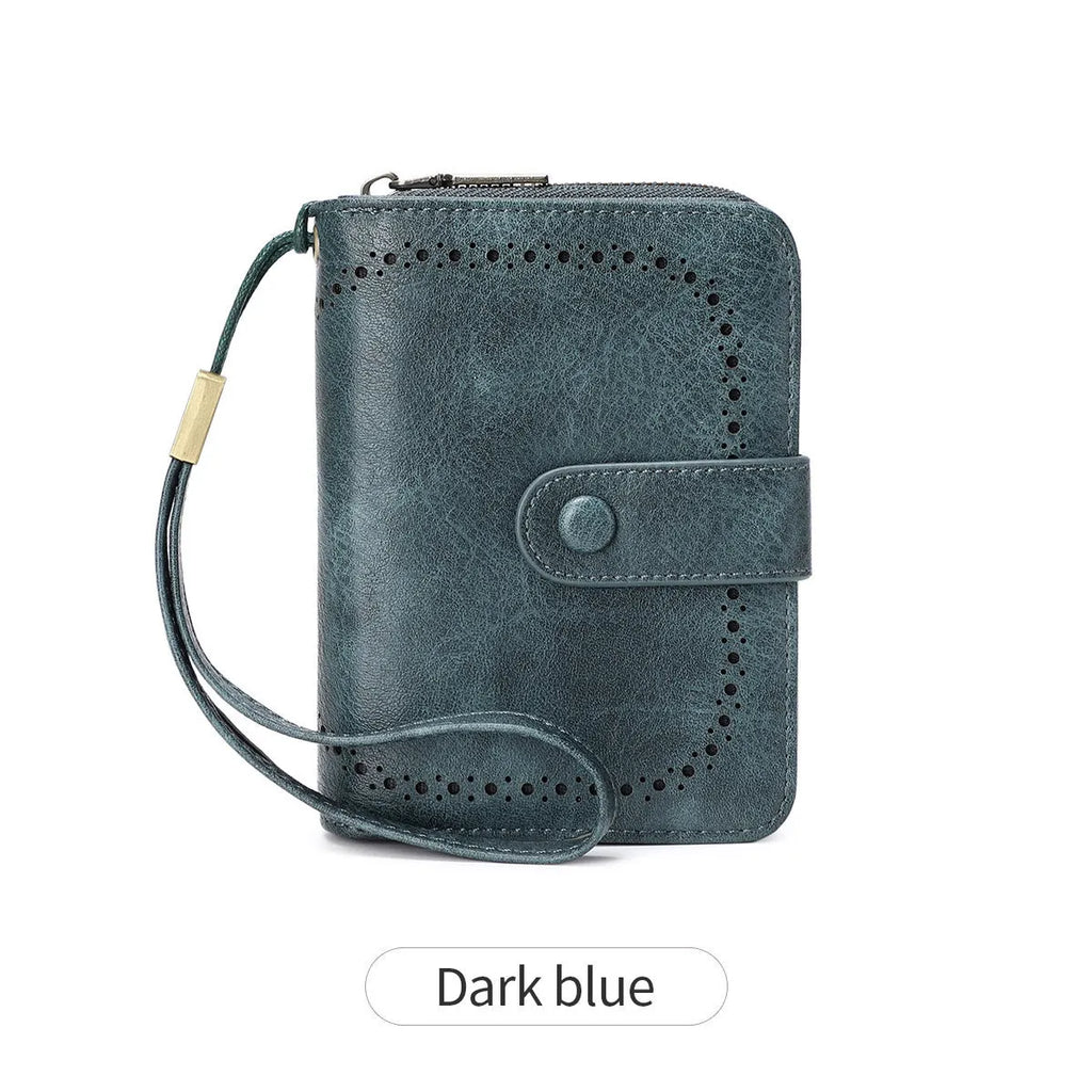 Retro small wallet with zipper closure in leopard print design showing hollow stitching details