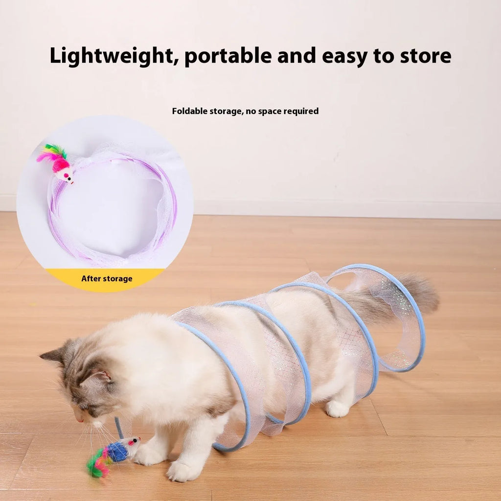 Grey steel frame cat tunnel with elastic netting and attached feather toy for indoor play