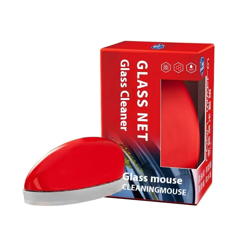 Car Glass Bright Mouse oil film remover with black applicator and polish cloth on glass surface