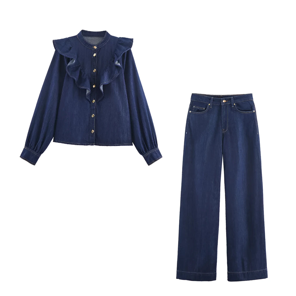 Women's solid colour shirt and trousers set with button detail, polyester blend, sizes XS to L