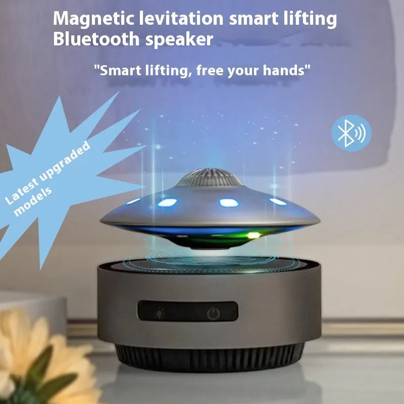 Black automatic lifting magnetic levitation Bluetooth speaker floating above its base.