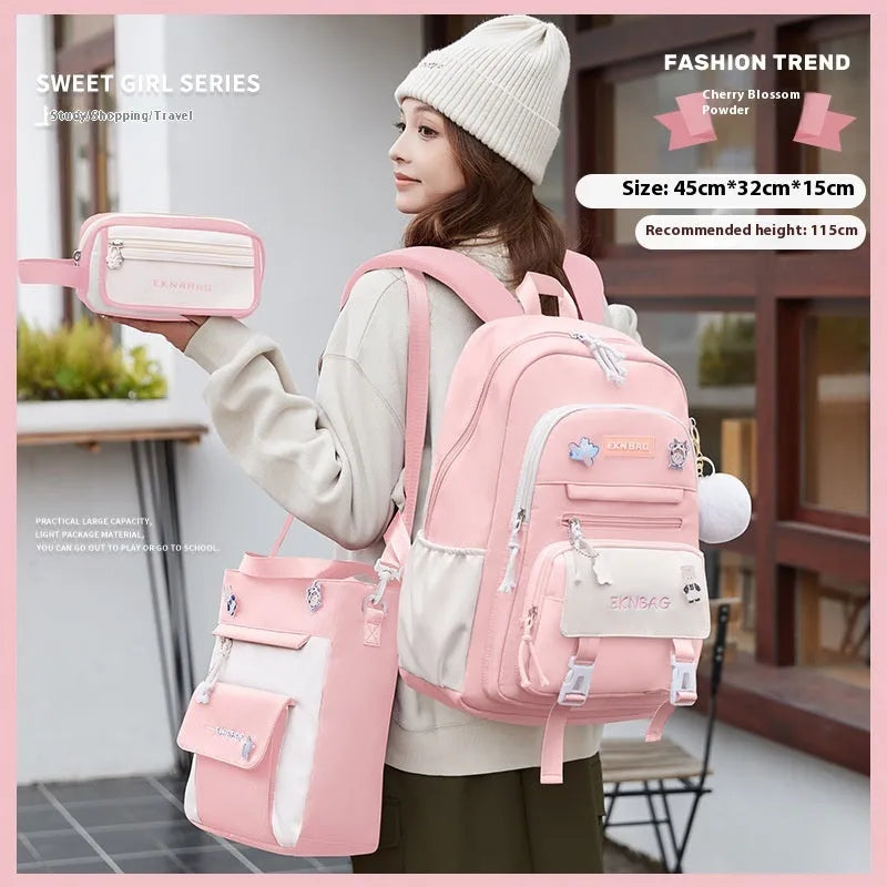 Girls waterproof school backpack in pink colour with curved shoulder straps and spine protection features