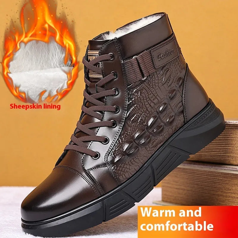 Leather snow boots with fur lining, rubber soles, and lace-up front in black or brown with velvet detailing