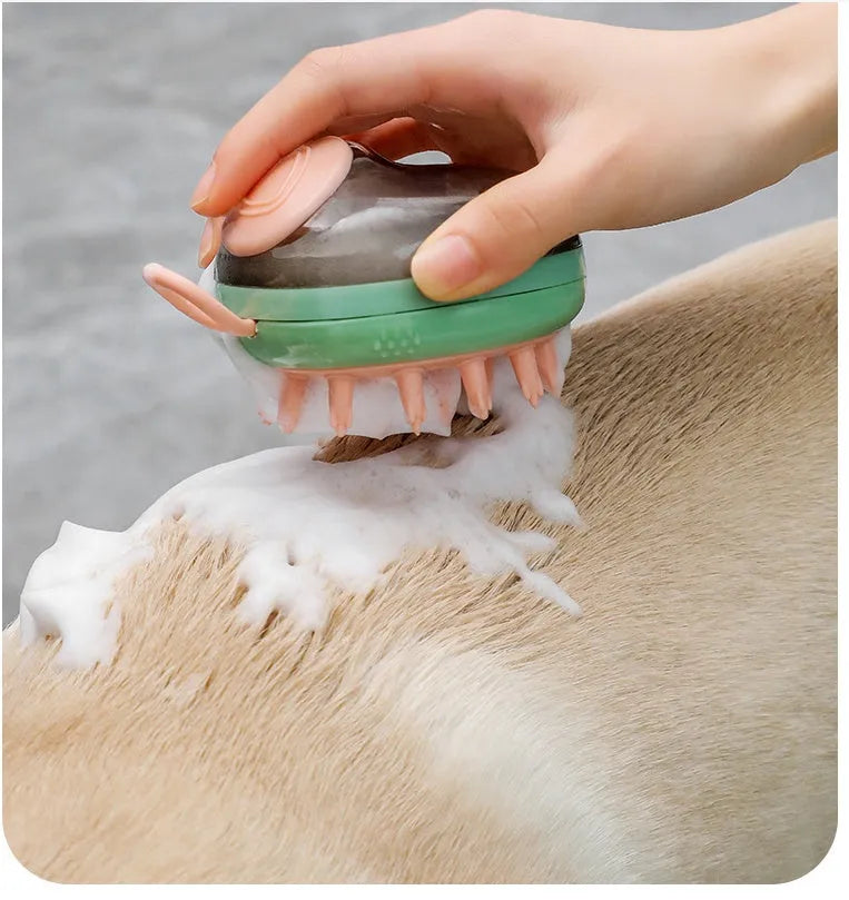 Blue pet grooming brush with integrated shampoo dispenser and silicone bristles for dogs and cats
