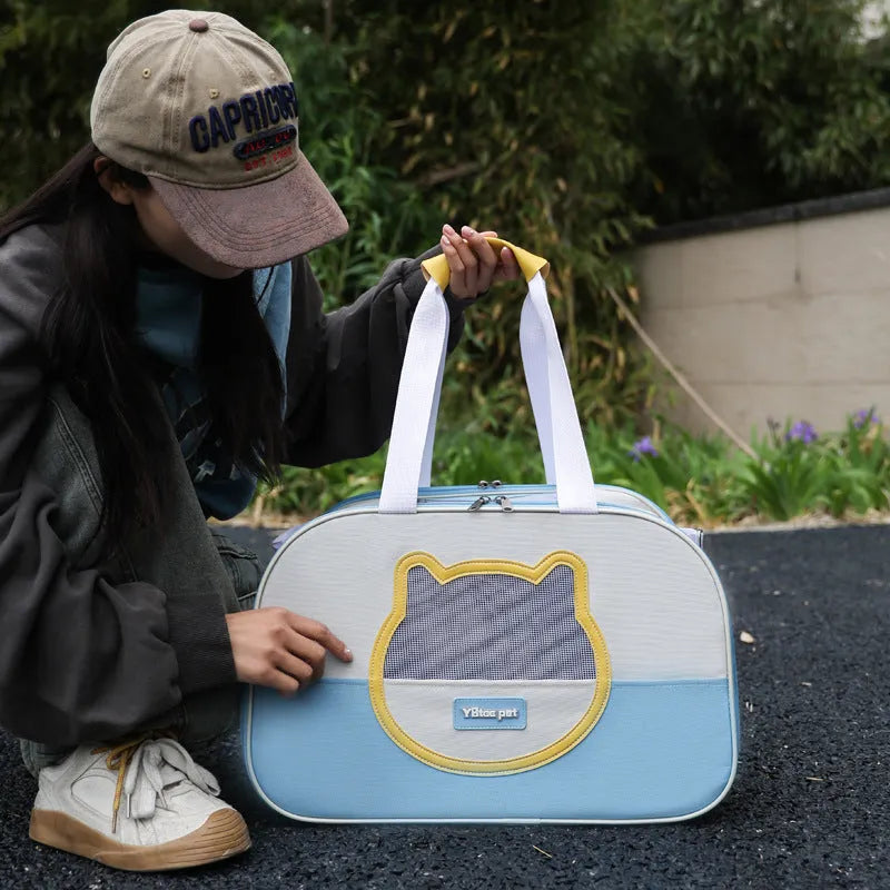 Foldable cat backpack carrier in Oxford cloth with large capacity and breathable design for pet transport