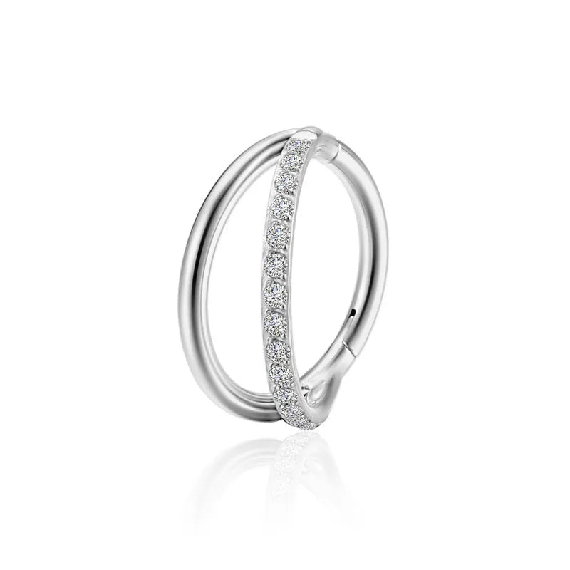 Titanium alloy nose ring or septum piercing in silver, available in multiple lengths and diamond-accented styles.