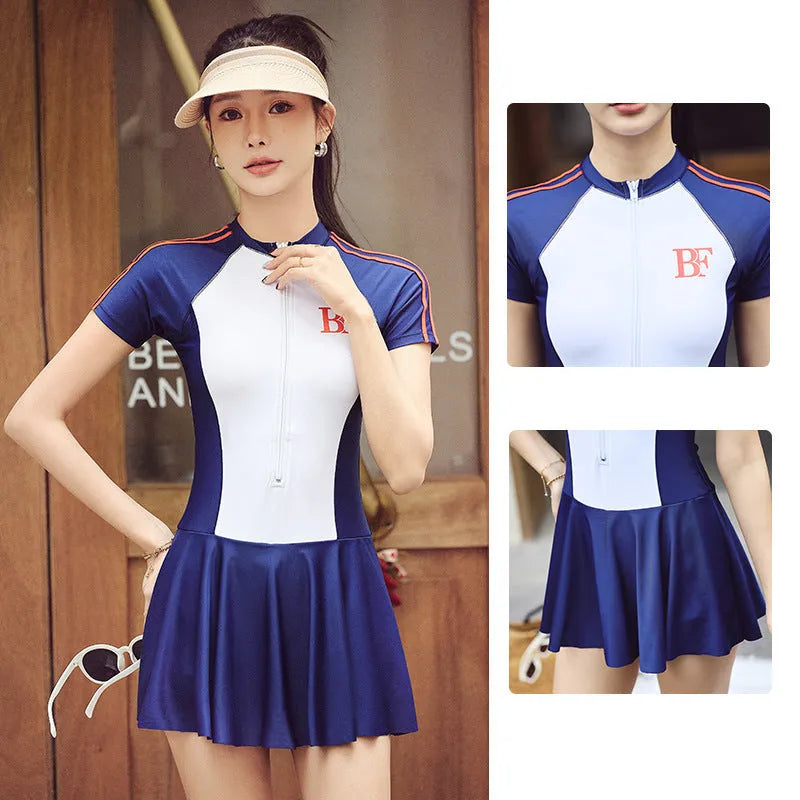 Conservative ladies sports one-piece swimsuit with colour-matched pattern for athletic activities