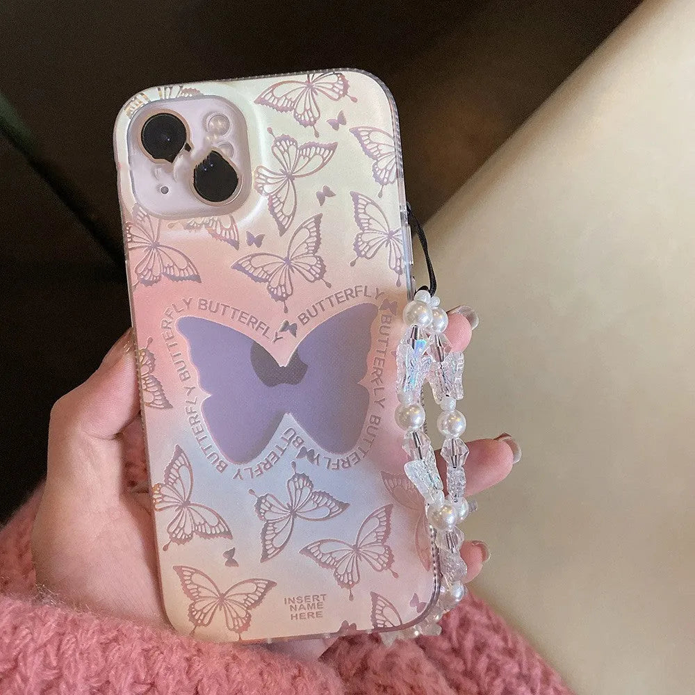 Laser gradient butterfly TPU phone case for iPhone with optional chain, anti-fall protection, Japanese Ins style