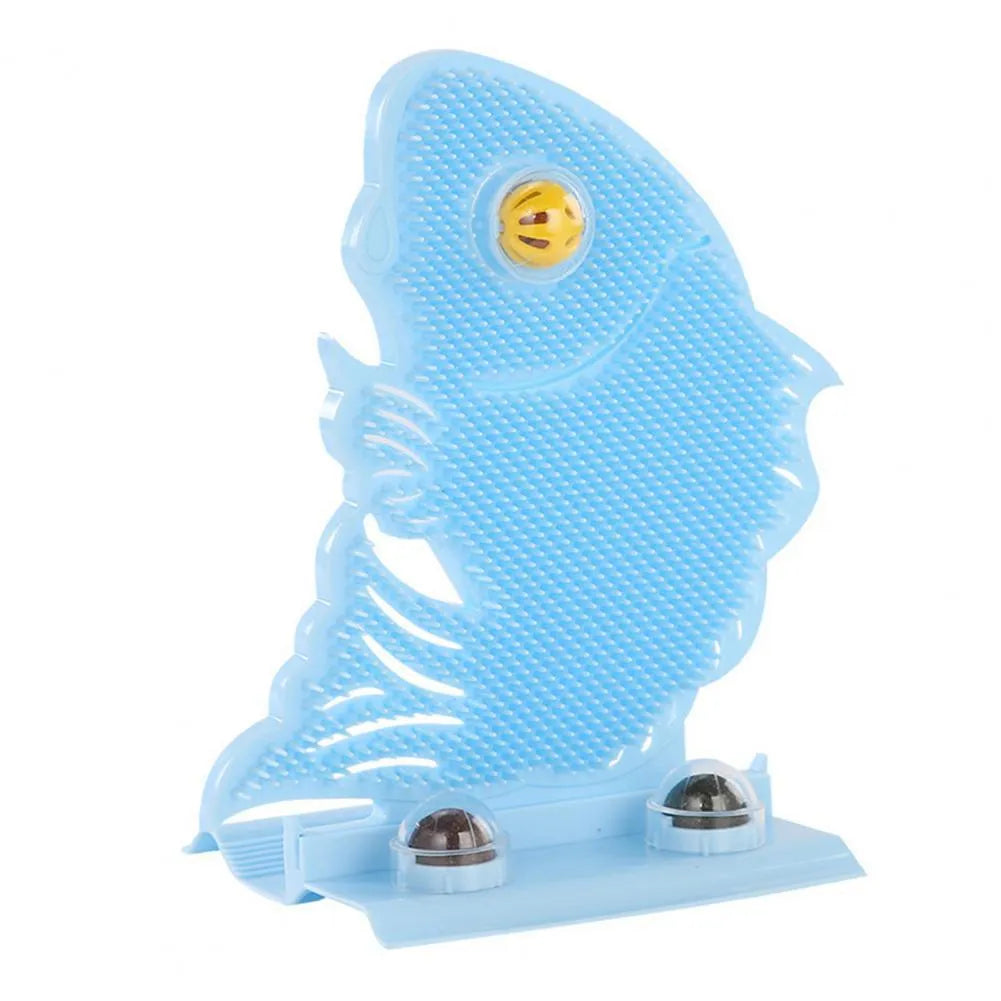 Blue fish-shaped cat wall scratcher toy with brush, catnip balls, and a bell on a white base.