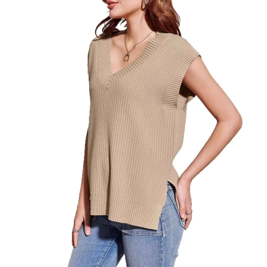 V-neck sleeveless pullover vest in viscose fabric available in camel and white colours
