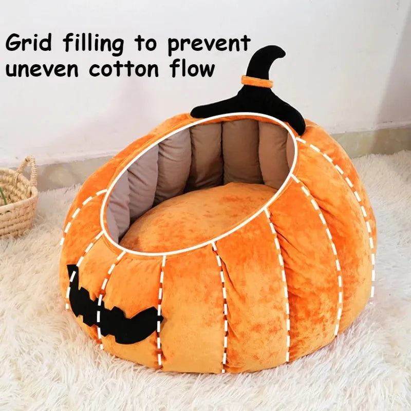 Halloween themed pumpkin cartoon devil design soft plush cat bed for cats and small dogs in black colour.