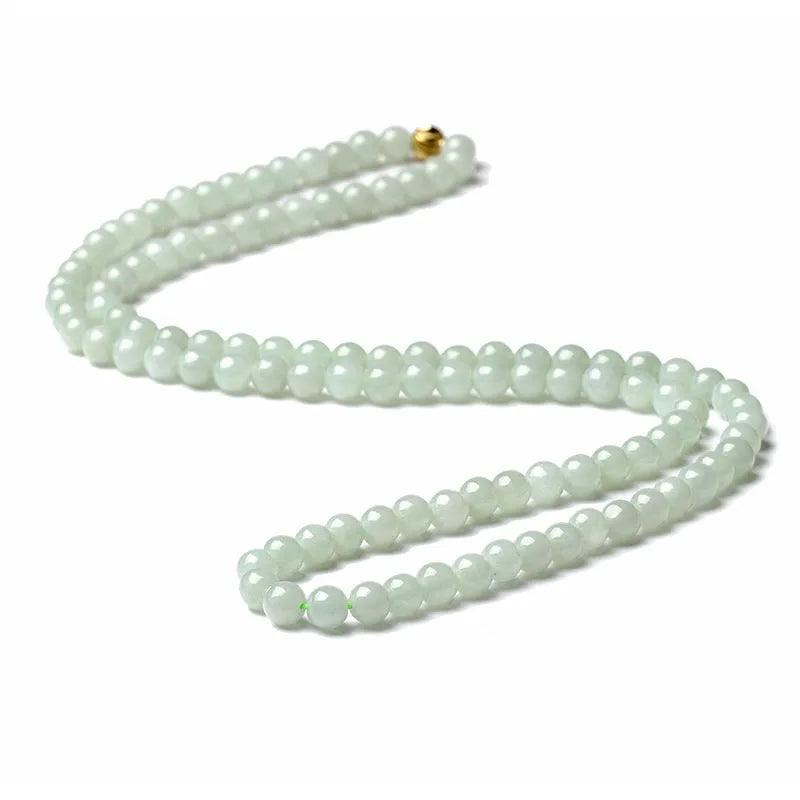 Adjustable jade bead necklace with white green round beads showing length adjustment from 21cm to 50cm