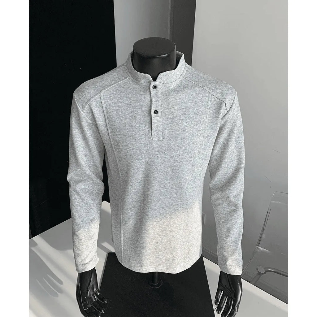 Men's loose-fitting patchwork stand-up collar long sleeve polo shirt in heather gray.
