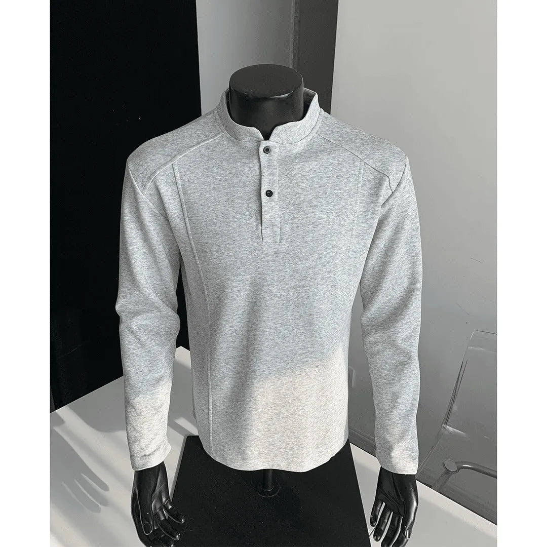 Men's loose-fitting patchwork stand-up collar long sleeve polo shirt in heather gray.