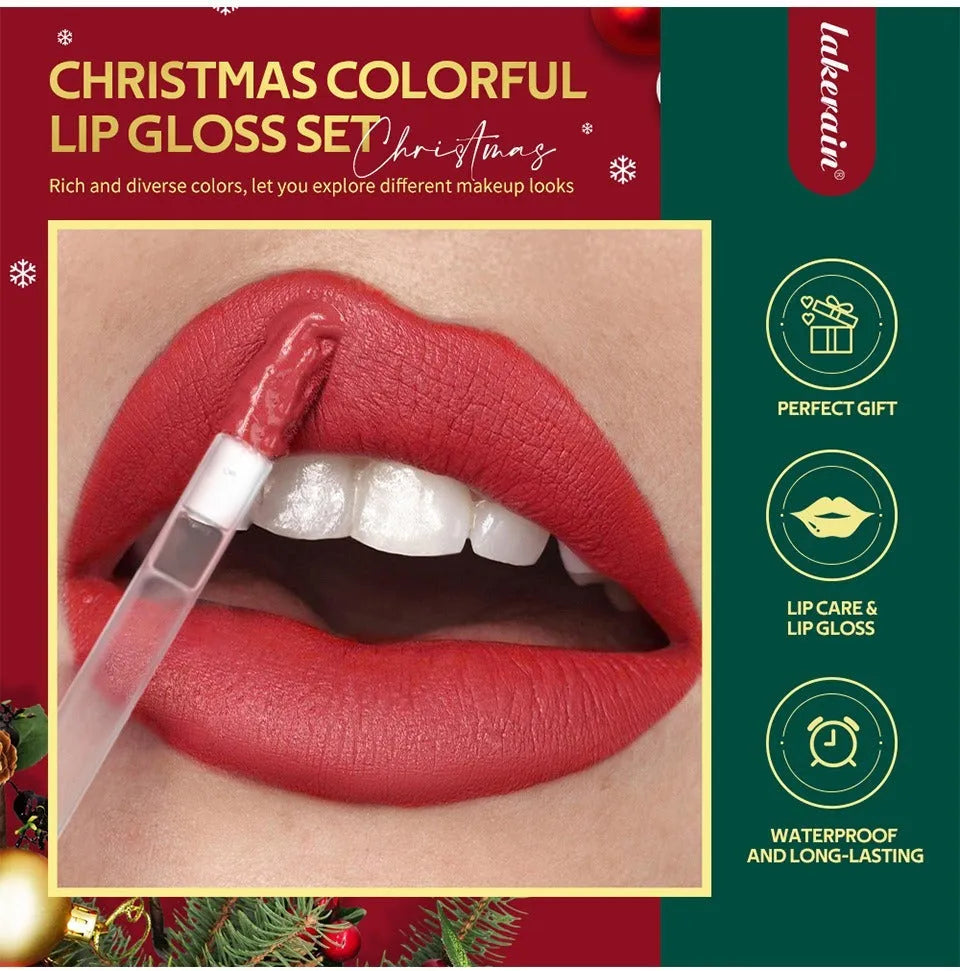 Christmas lip gloss set 6-piece red matte velvet, festive makeup gift, red shades in compact packaging