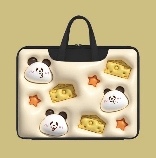 Inflatable laptop bag in PU leather with hanging strap, showing cute panda design for 13-15.6 inch laptops