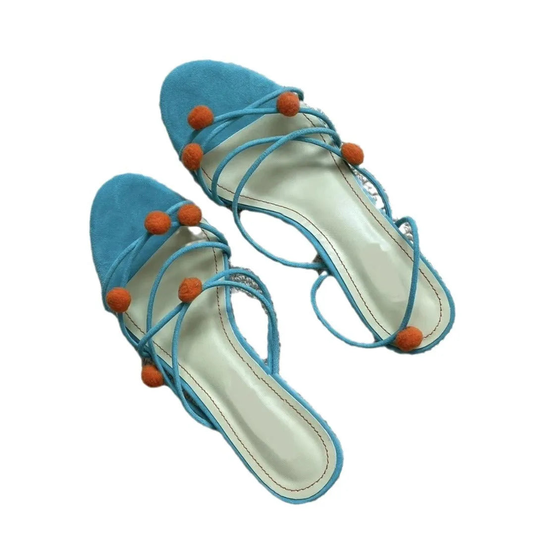 Cyan French genuine leather high-heeled sandals with niche ball lace-up design and open toe