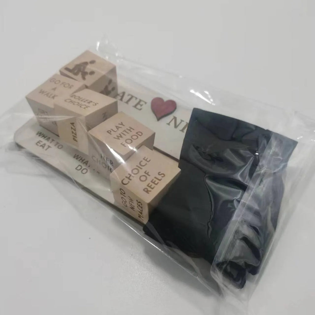 Wooden date night dice set showing five dice, date planner board, and black storage bag for couple's activities