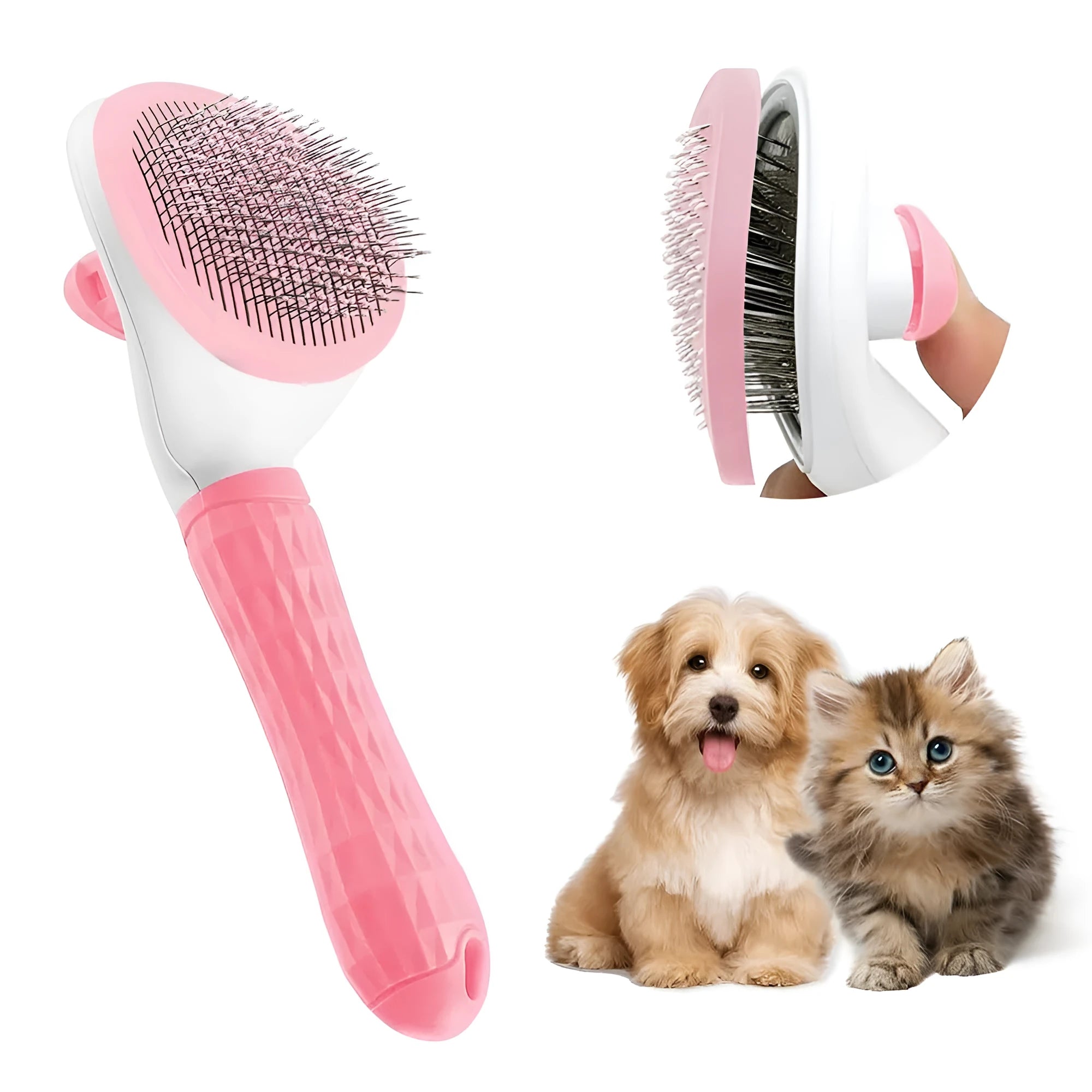 Blue cat grooming brush with a release button on the handle and fine wire bristles.