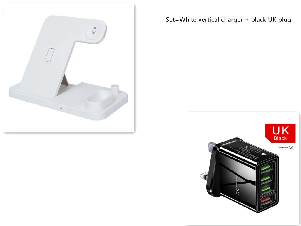Black 4-in-1 wireless charging dock showing phone on angled stand, Apple Watch, AirPods case, and Apple Pencil charging simultaneously.
