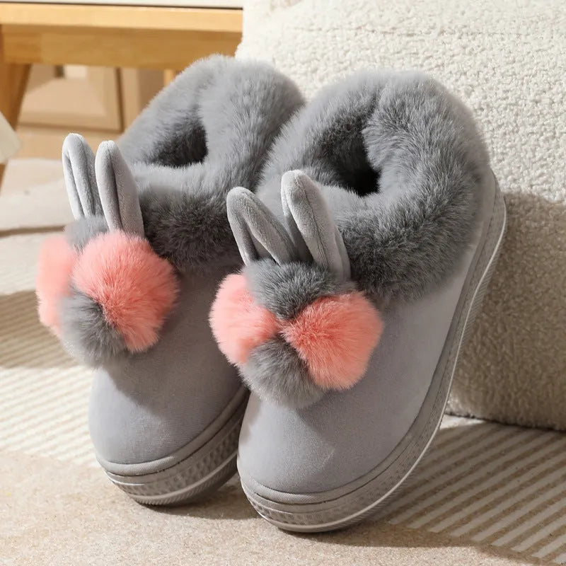 Grey plush winter high heel slippers with thick TPR sole for women
