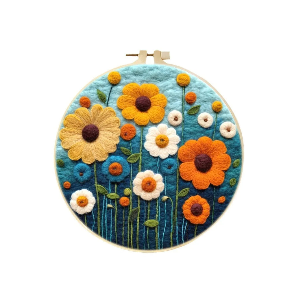 Round linen embroidery kit with wool felt pieces and embroidery frame for 20x20cm blanket painting