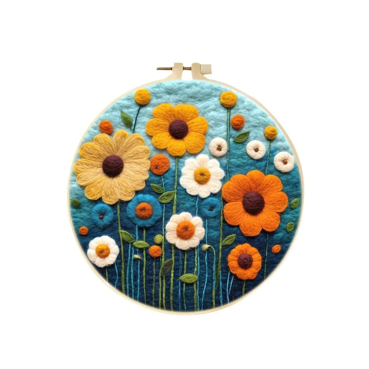 Round linen embroidery kit with wool felt pieces and embroidery frame for 20x20cm blanket painting