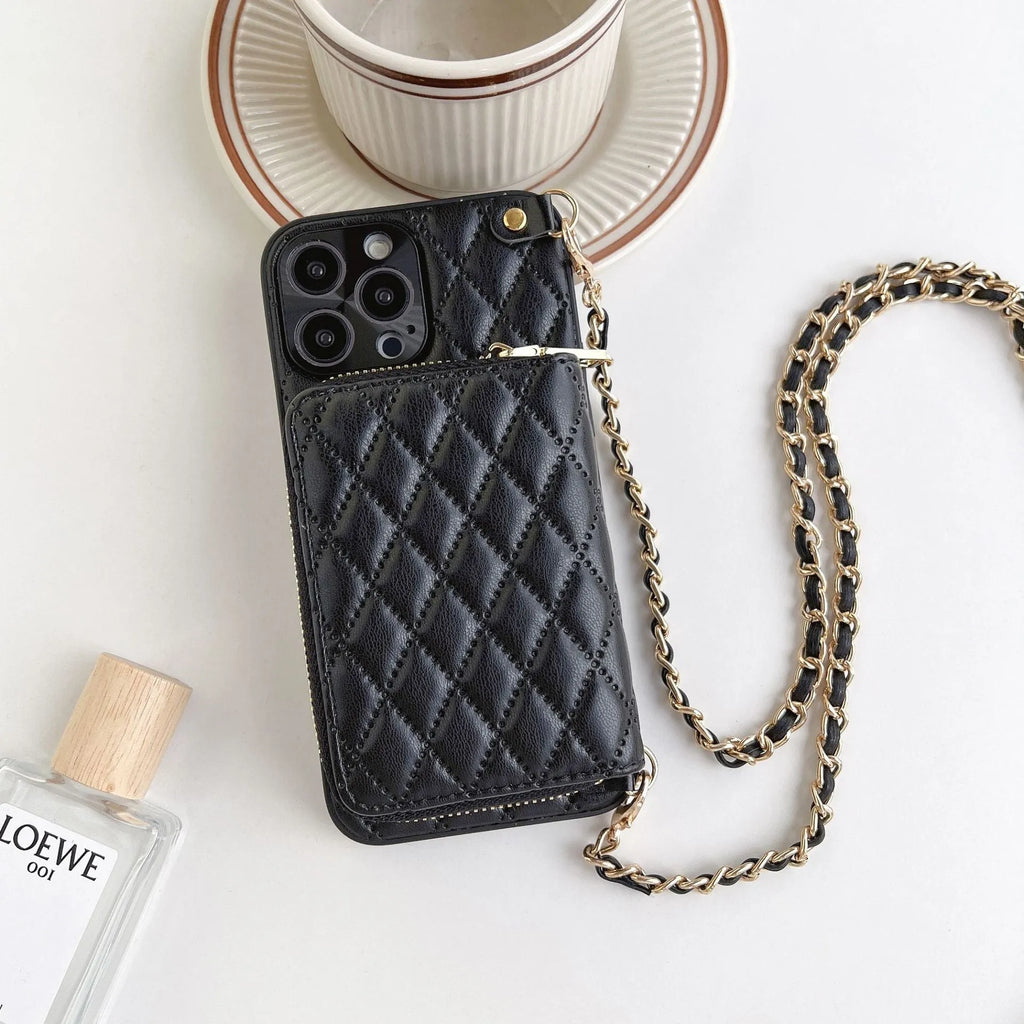 Lambskin phone case for Apple iPhone with card holder in white, showing front and back view