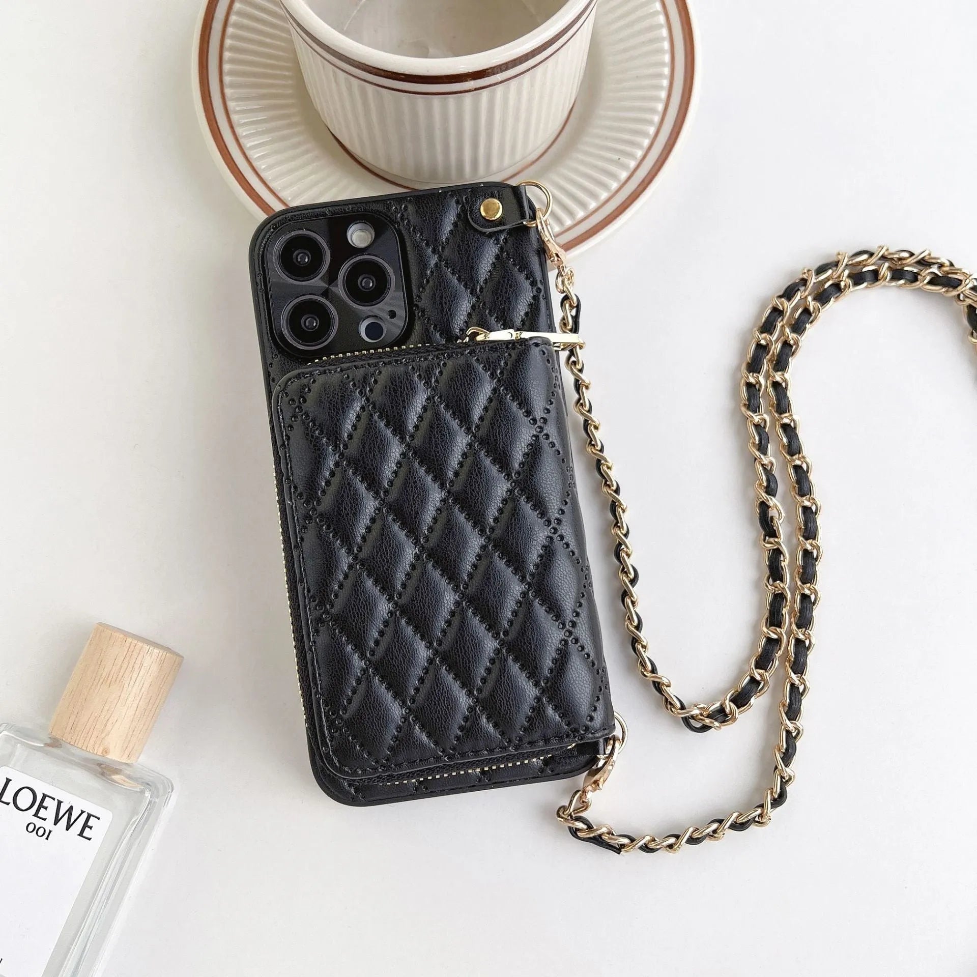 Lambskin phone case for Apple iPhone with card holder in white, showing front and back view