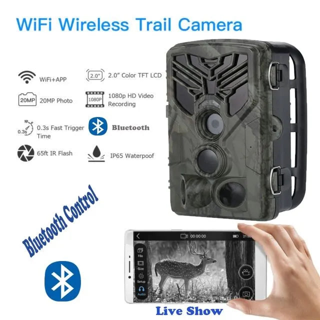 Wifi830 wireless trail camera with camouflage design on tree branch, showing compact size and infrared LEDs.
