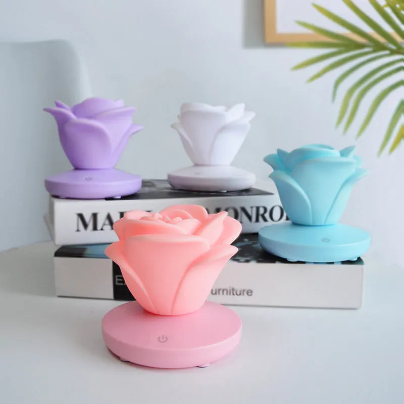 Mini rose night light with touch dimming and USB rechargeable battery, available in pink