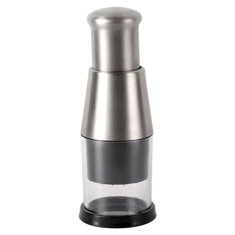 Black manual garlic press and vegetable chopper with stainless steel blades measuring 6x16 cm