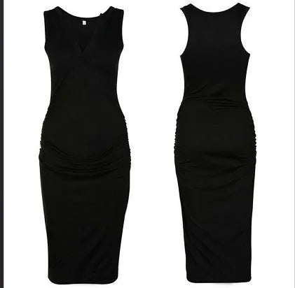Black sleeveless maternity dress with deep V-neckline on pregnant model